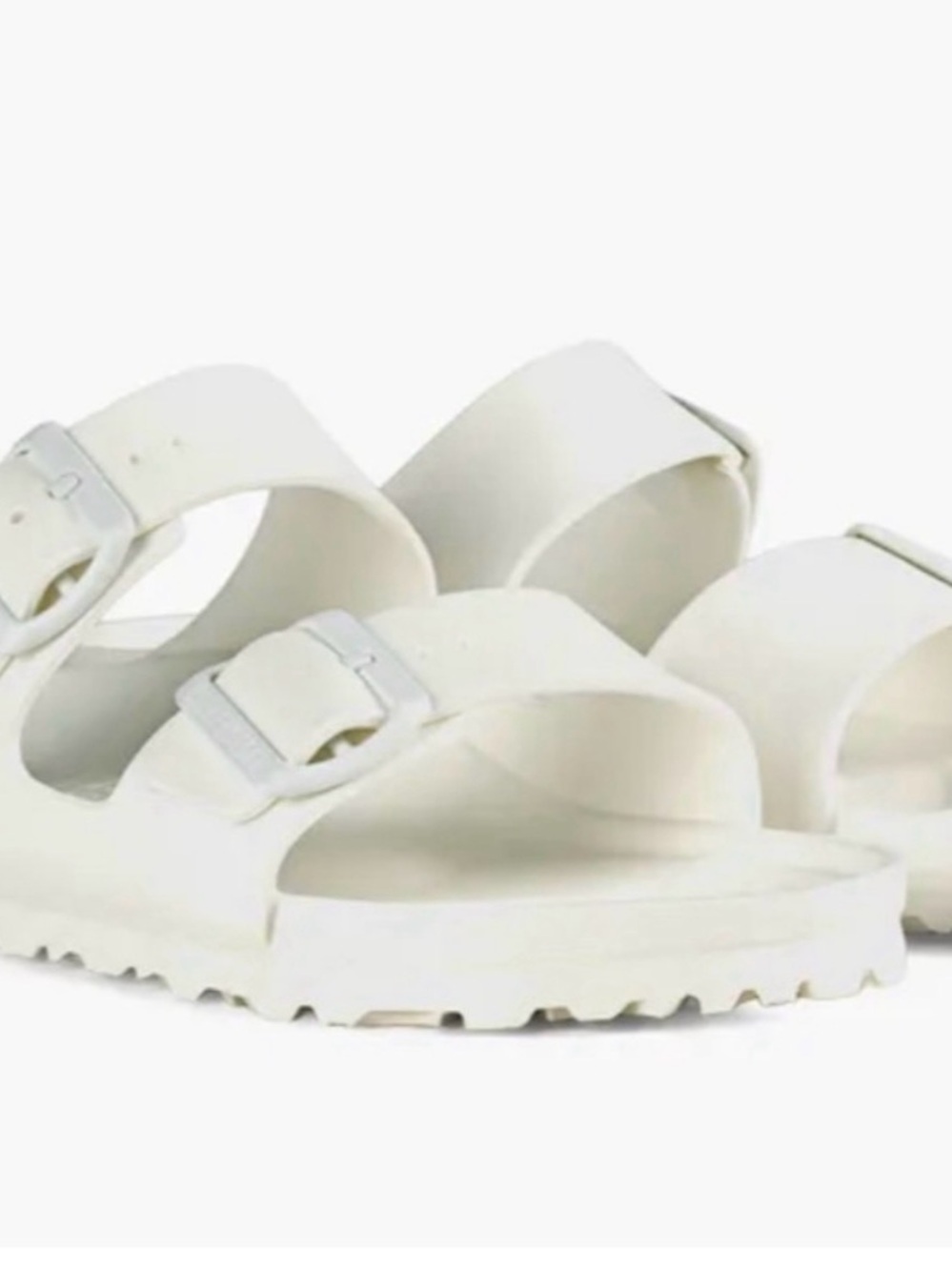 Birkenstock White Two-Strap Slide Sandals with Silver Buckles